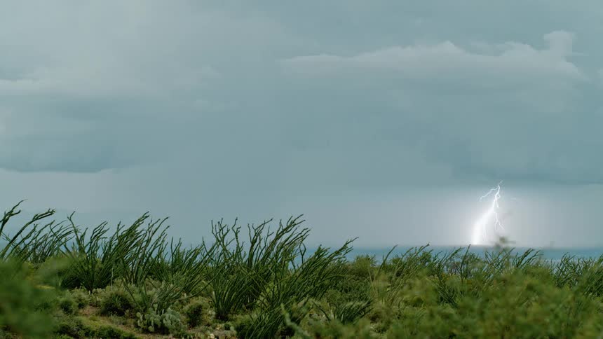 Lightning strikes in the sky seen from behind hill on the coast
