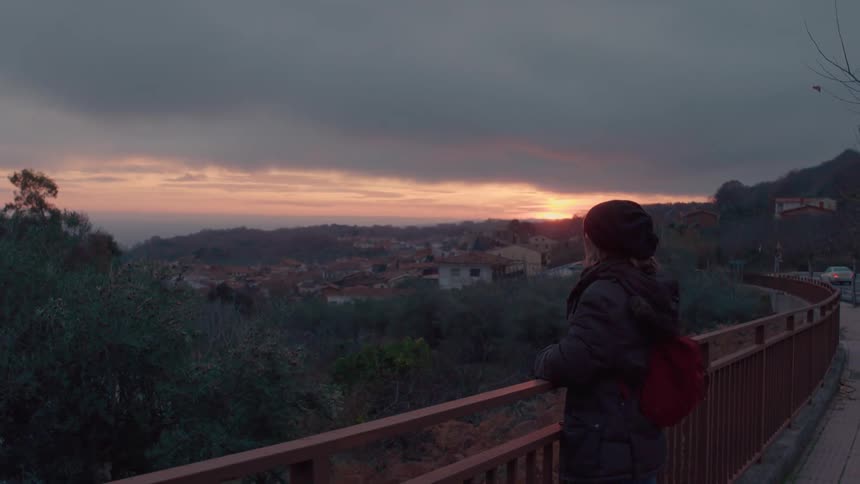 Woman wearing a coat and hat stands against a railing of a bridge and looks out at the forest and mountains
