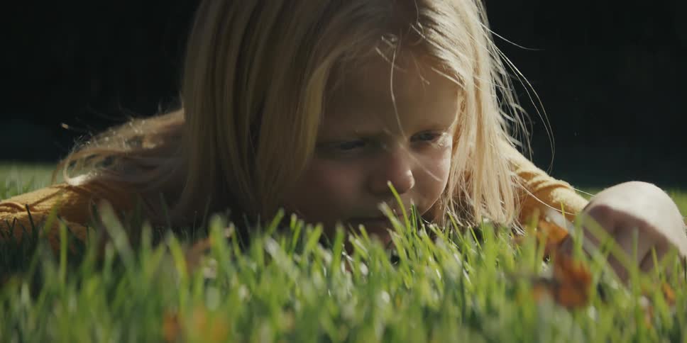 A little girl lying on her stomach in the grass looking at the blades and flowers