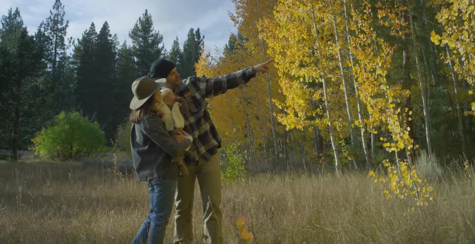 Mother with brown hat wavy hair and denim jacket holds baby son next to father with green wooly hat and gray plaid shirt pointing to trees in autumn forest