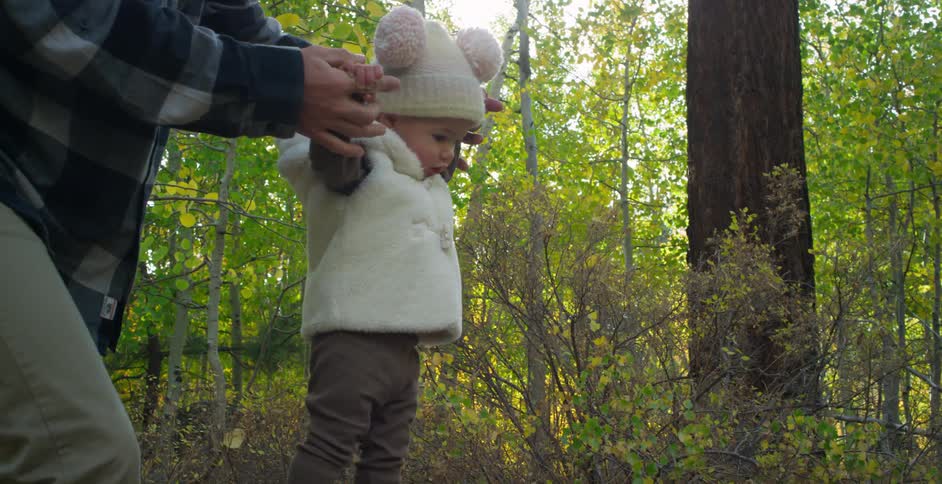 Baby girl walking up a log with help from father in the wilderness