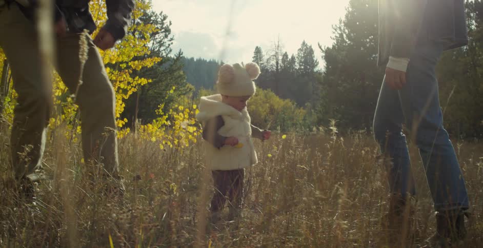 A man kneels down in a field while his toddler plays with weeds