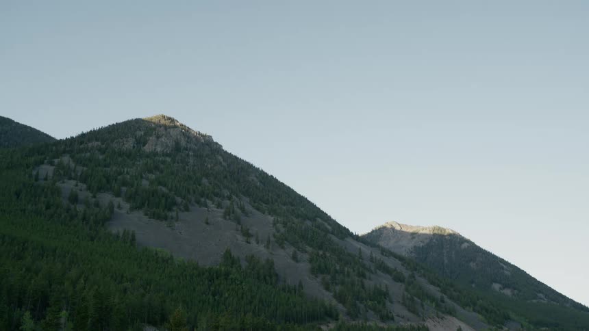 Forested mountains peak high in a clear sky