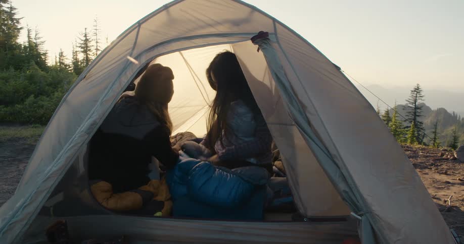 A goat runs past two women sitting in a tent in the woods