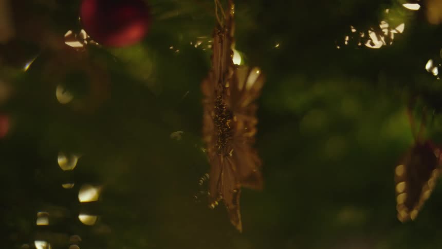 A holiday ornament on a tree is moving in the breeze