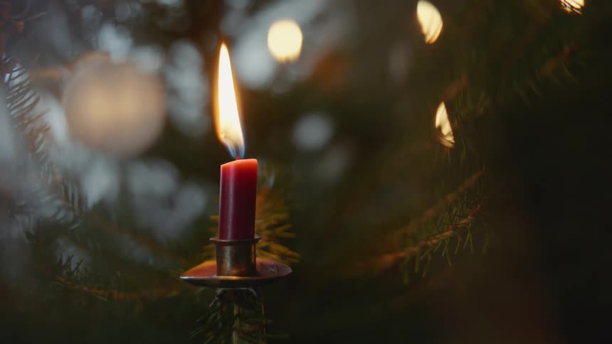 A red candle is on a tree branch and the flame is waving in the wind