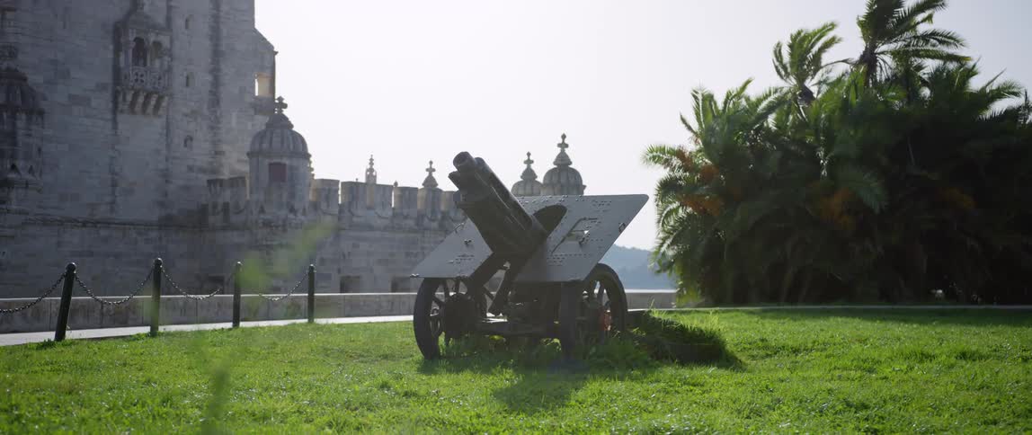 Artillery cannon resting over the green grass on a park near a castle