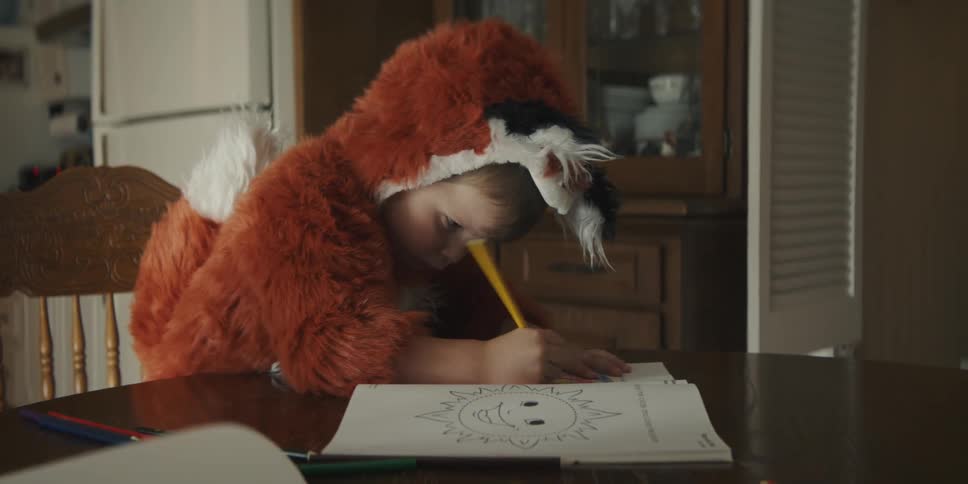 A boy wearing a fox costume draws in a coloring book