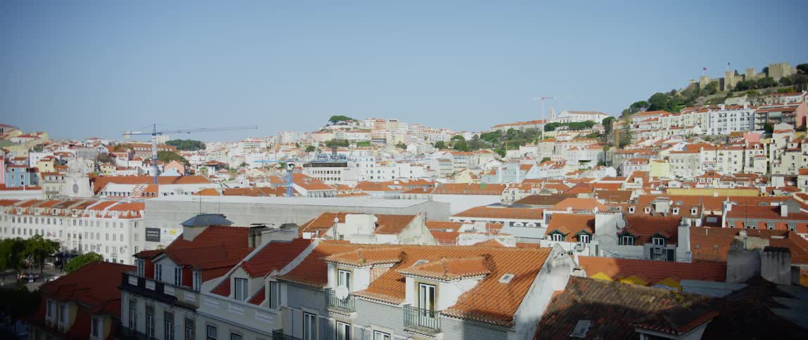An aerial view of buildings in a neighborhood