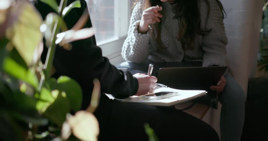 Two people work together using a book and laptop by the window