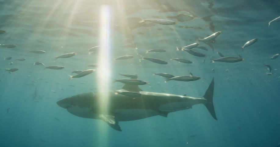 A shark is swimming around a school of fish