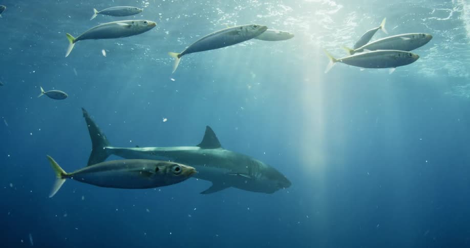 Fish swim near a shark in the ocean