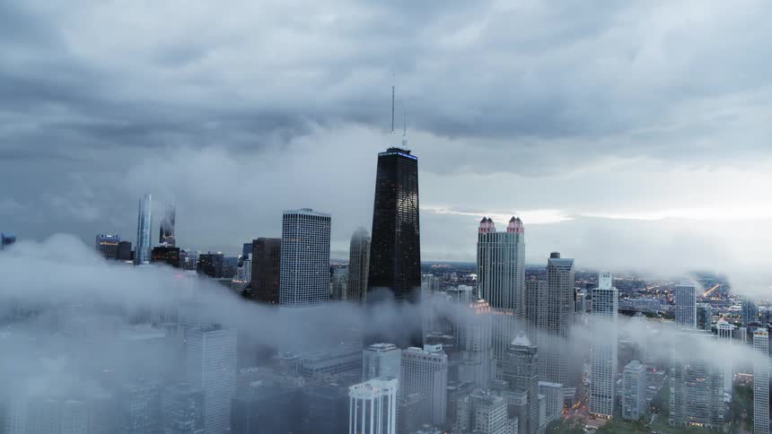 Chicago skyline with fog around the buildings