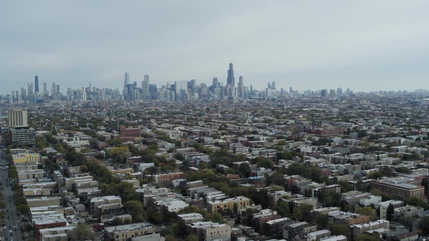Residential neighborhood of Chicago with downtown in the distance