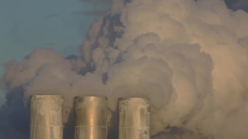 Thick smoke billows from a row of smokestacks during the day