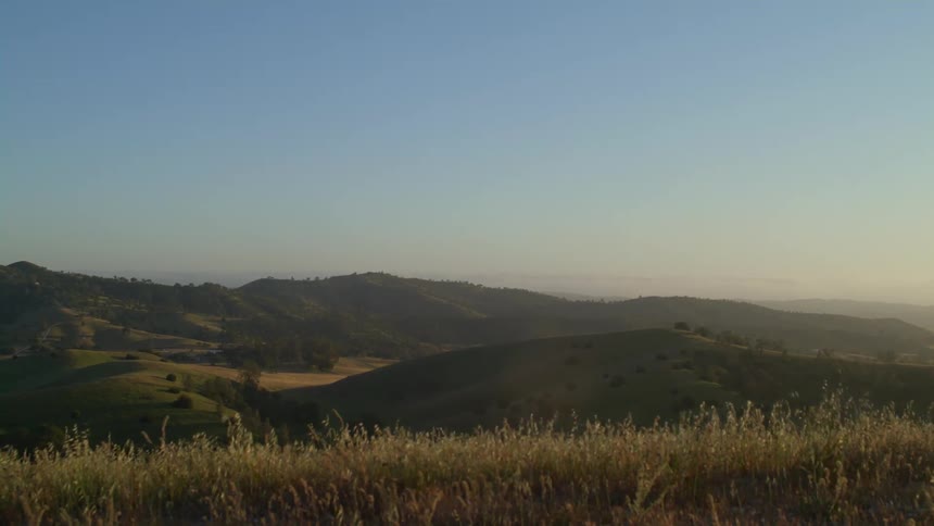 A view of grasses blowing in the wind on hills