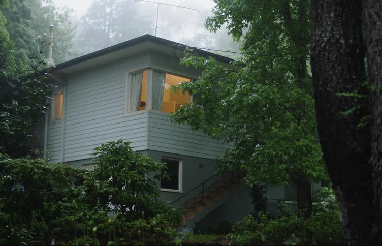 A house in a neighborhood is displayed in spring