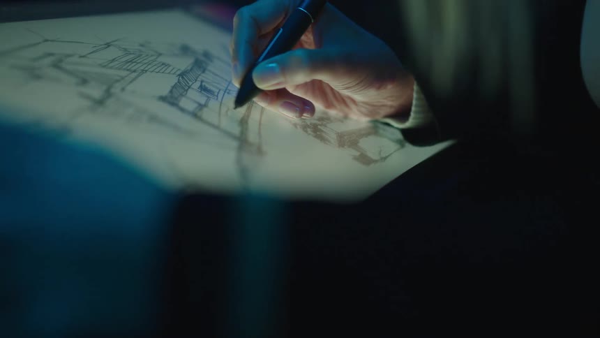 A woman draws a sketch of a building on a tablet
