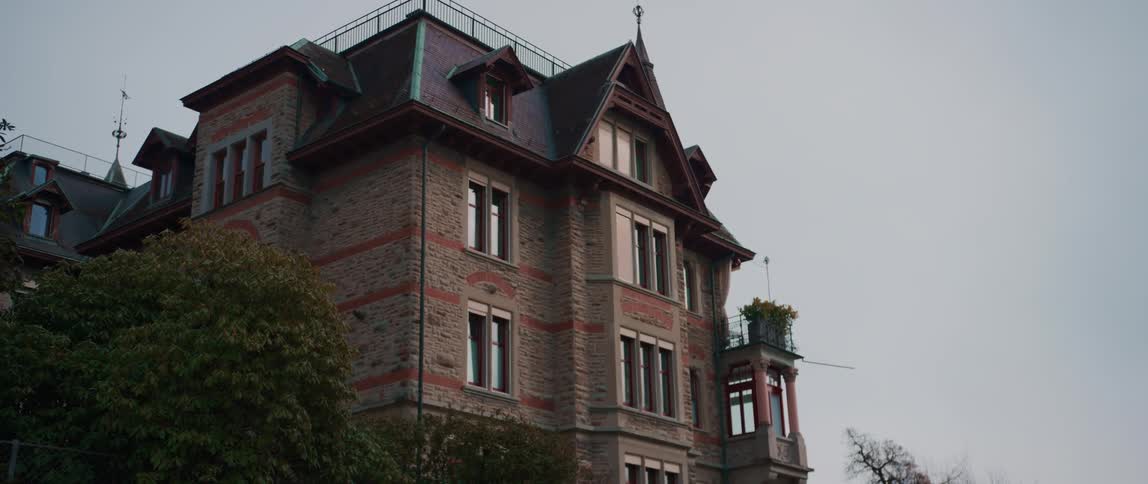 Green tree sits next to a large brick building with many windows and a fence on the roof top