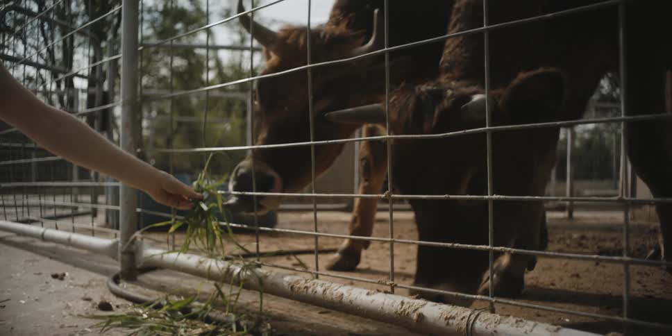 A person feeds grass to cows