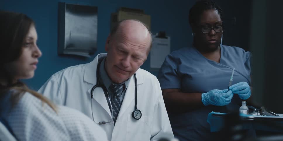 A doctor and nurse examine a woman