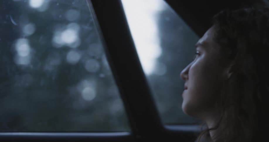 Woman looking at the passing trees from a moving car