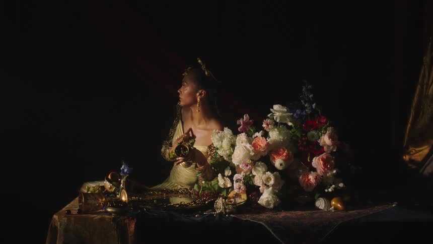 A woman in elegant clothing raises her head upwards while sitting at a table covered in a large flower arrangement in a dark room