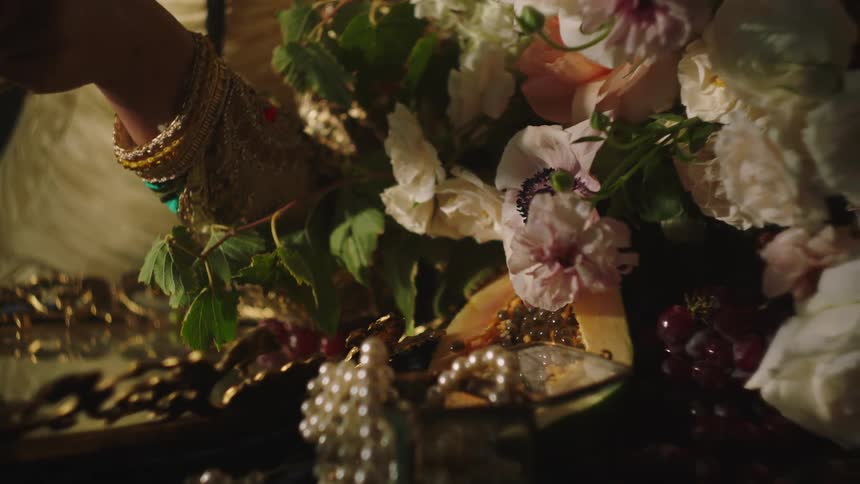 A woman poses next to a floral arrangement covered in jewels