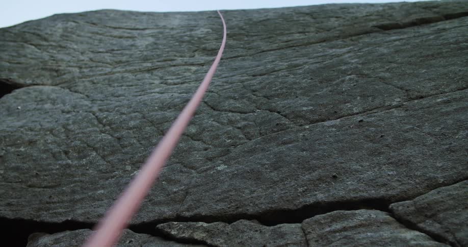 A view of a rope going up a rock
