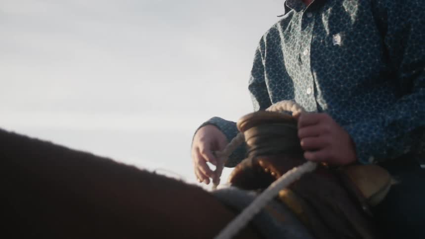 A boy on a horse holds the rope near the saddle
