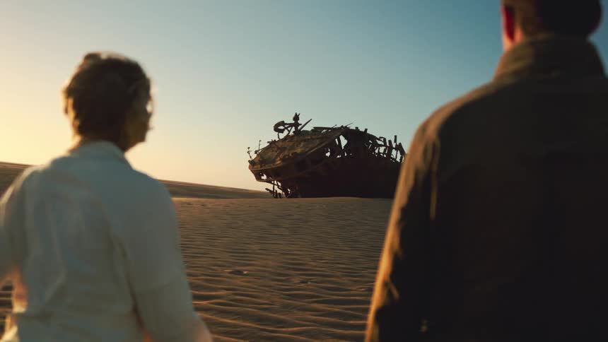 Man and woman walk towards amazing desert shipwreck