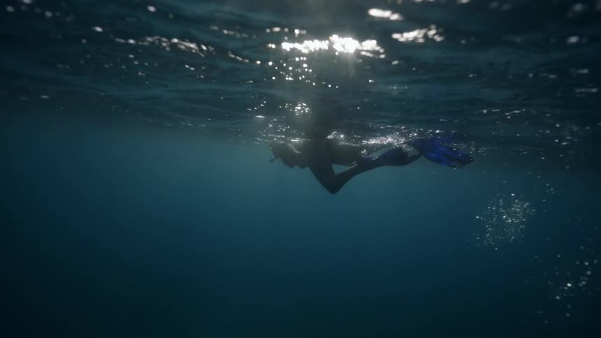 A person is swimming underwater in the ocean