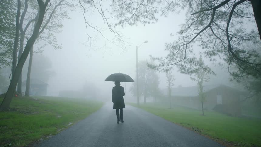 A man walking outdoors in the rain with an umbrella
