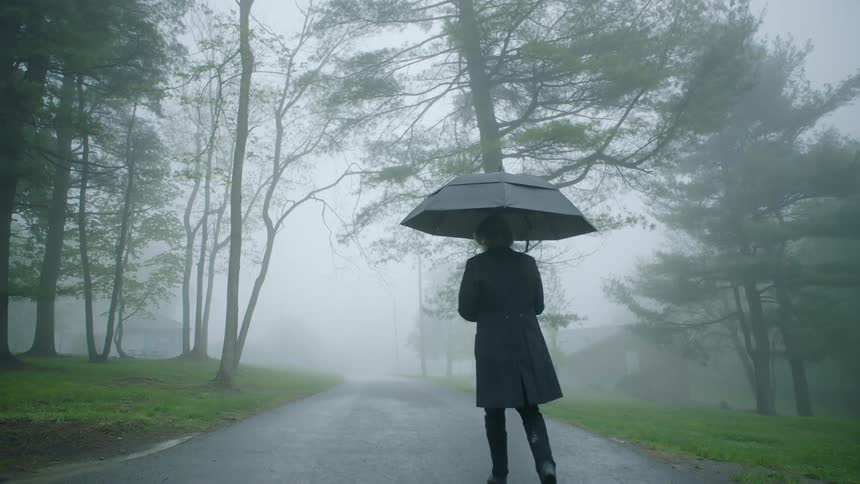 A man walking down a foggy path in the rain with an umbrella