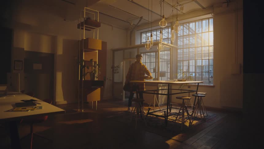 Man arrives at loft and removes his jacket and sets up to work