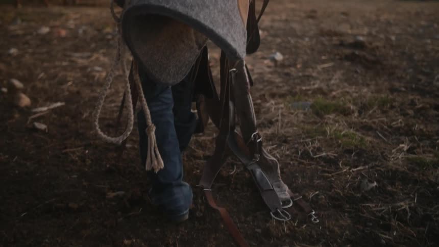 A boy is carrying a saddle over a field