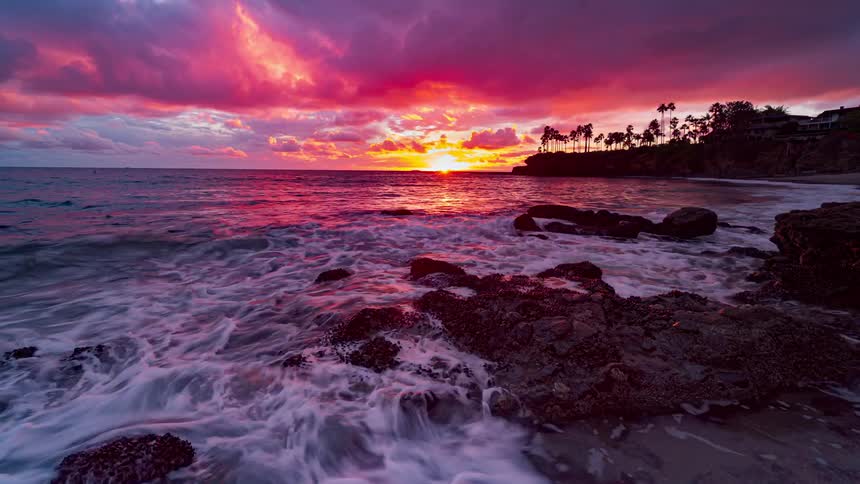The sun sets over the ocean glowing and shimmering on the water surface with palm trees on land