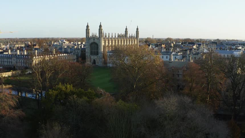 Aerial of Kings College Chapel inCambridge from The Backs