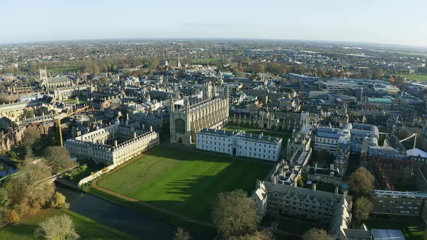 An aerial view of a campus on the river, Kings College Cambridge