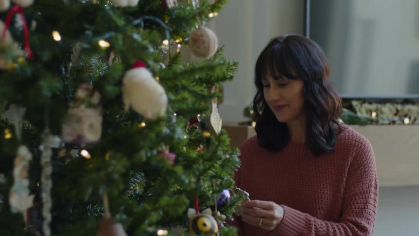 A man hands a woman an ornament and she puts it on a christmas tree