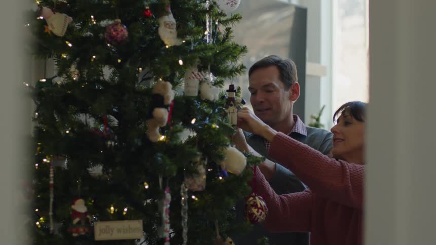 A husband and wife decorate a christmas tree at home on a sunny day