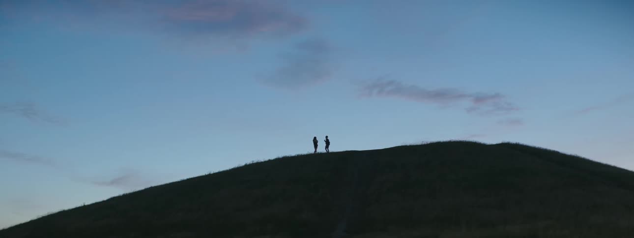 Two people standing on hill are silhouetted against the sky at dusk