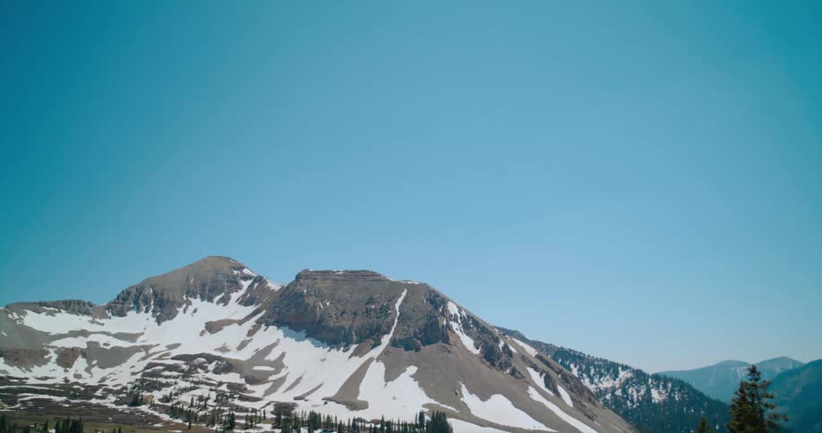Snowy mountains and pine trees on a sunny winter day