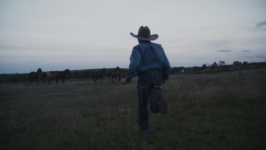 A boy is running across a field towards horses