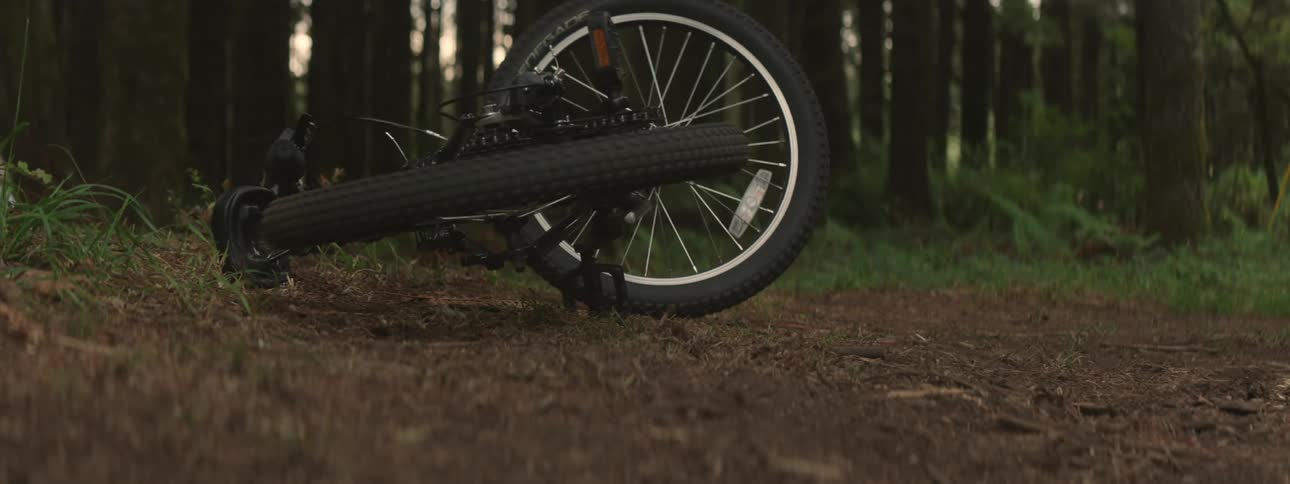 A man rides into the woods and hops off his bike