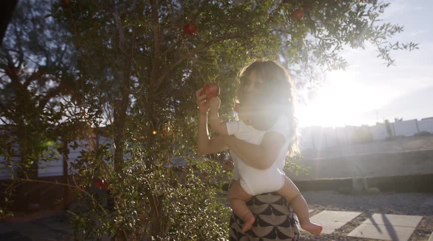 Standing backlit by the sun mother holds fruit close enough for child to touch before letting it go