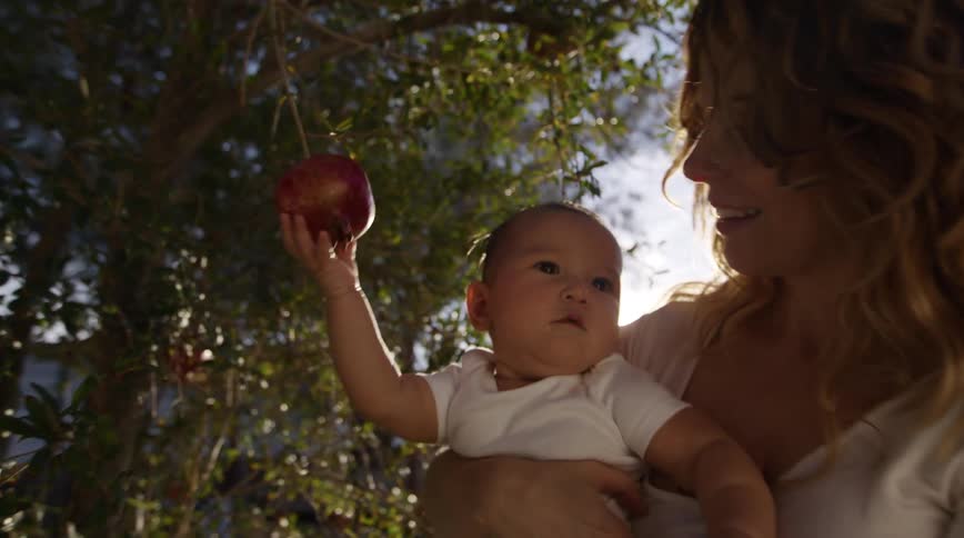 A woman holds a baby so that it can grip a fruit hanging from a tree