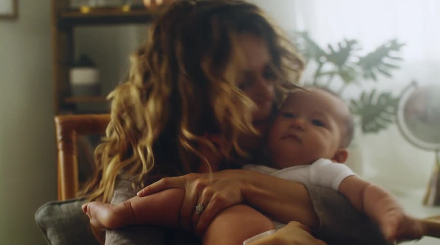 A mother cradling and kissing her baby while sitting in a chair indoors