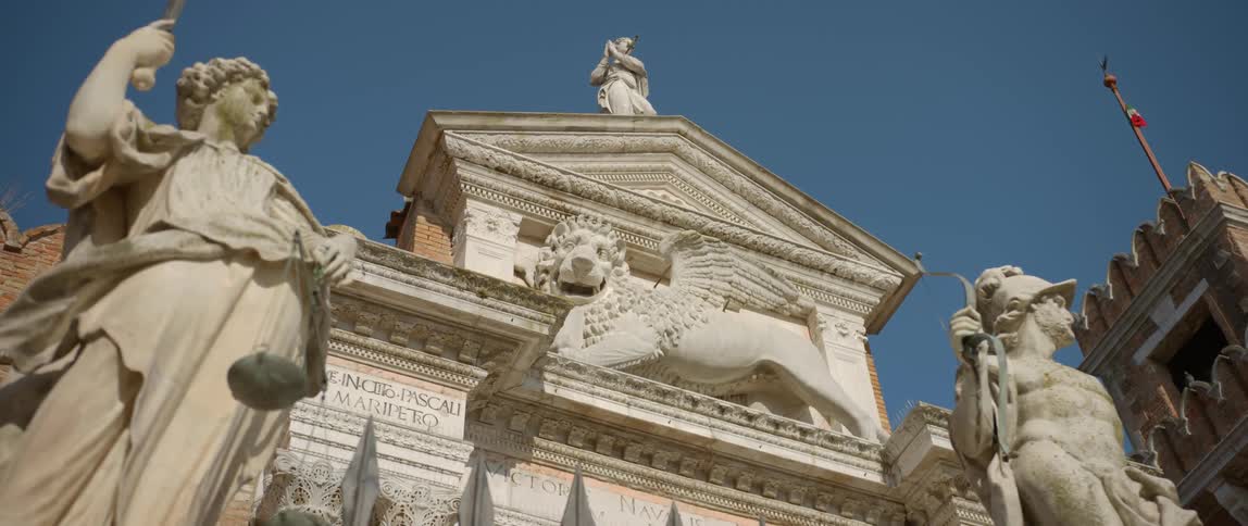 A view of the Winged Lion of Saint Mark at the entrance to the Venetian Arsenal in Venice, Italy