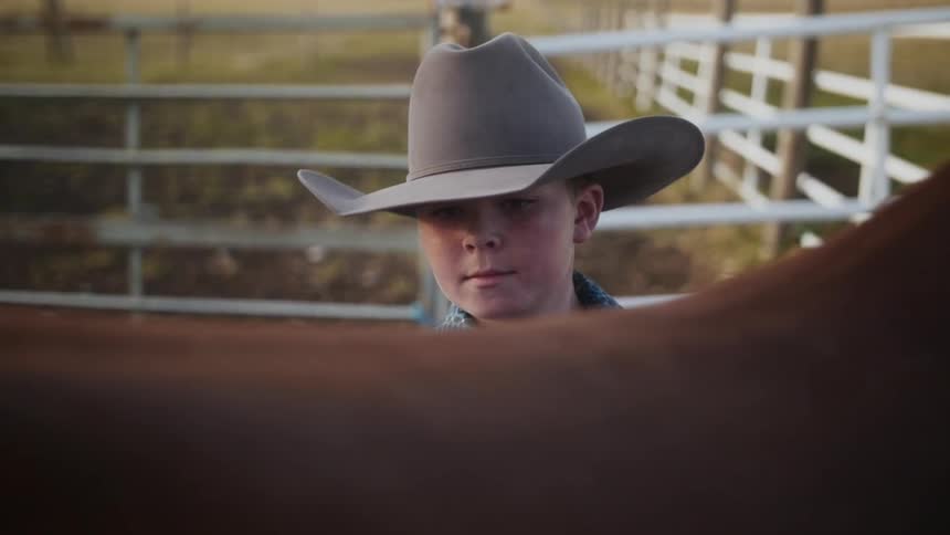 A boy is standing by a horse on a farm